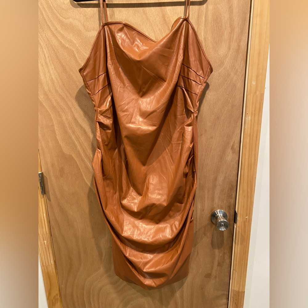 Chic Faux Leather Tan Dress